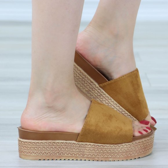 Faux Suede Tan Comfort Platform Sandal Slip On Sliders - Picture 9 of 14